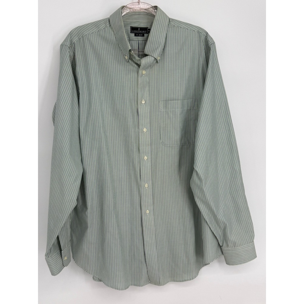 Lanesboro Mens Green Navy Striped Non Iron Cotton Dress Shirt Sz XL 17 36/37